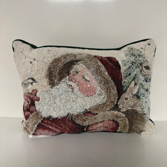 Santa Claus Christmas Tapestry Throw Pillow Green Backing Winter Animal Holiday - Picture 1 of 6